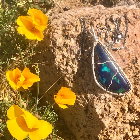 Handcrafted Silver Inlaid Chrysocolla Mineral Necklace - Picture 4 of 14